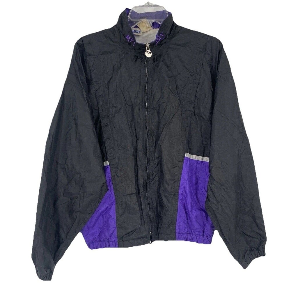 VTG 80s Asics Purple Windbreaker Reflective Jacket Full Zip Color Block Nylon